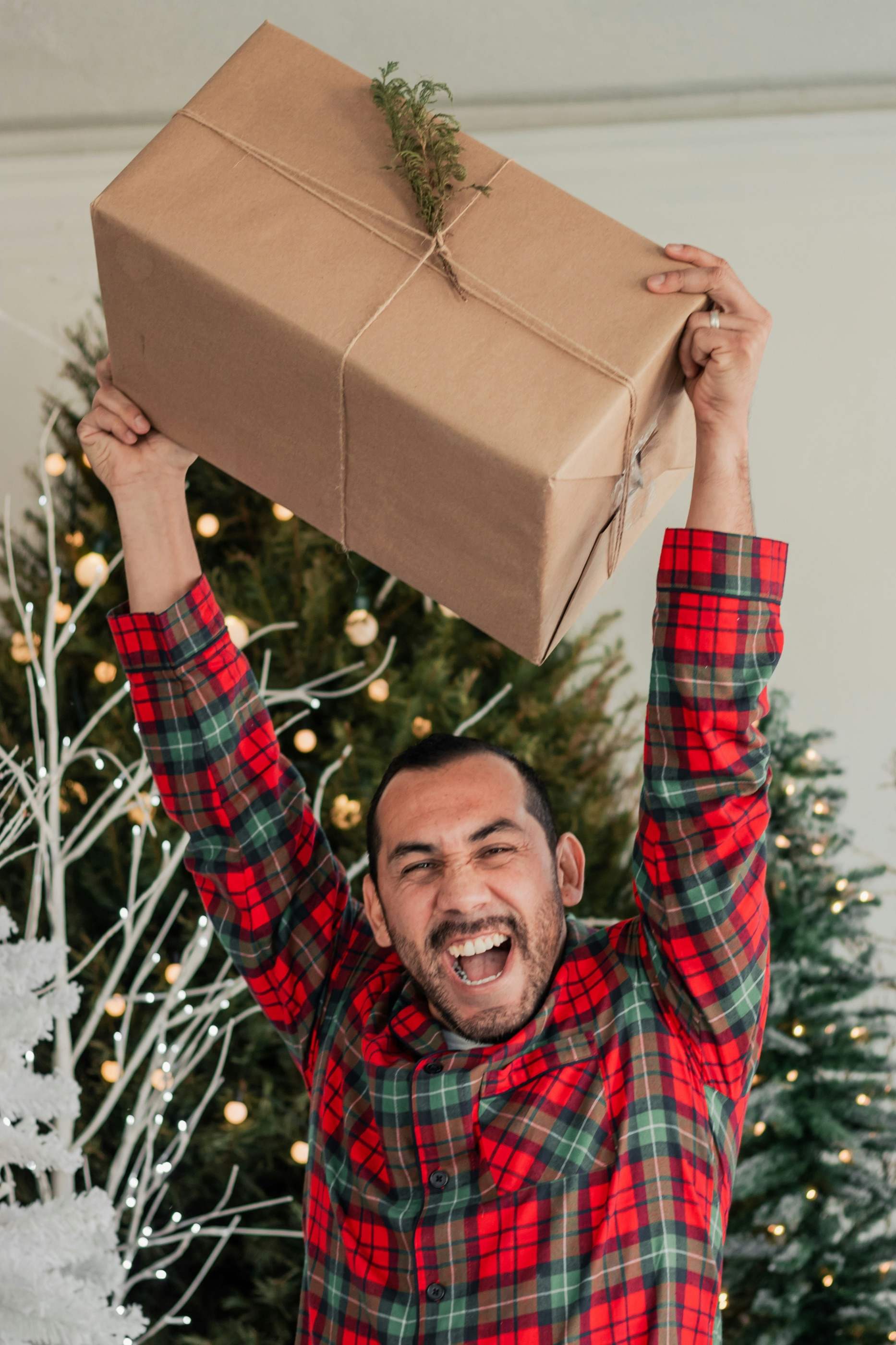 A man in a plaid shirt lifting a kraft-paper parcel over his head in front of a Christmas tree